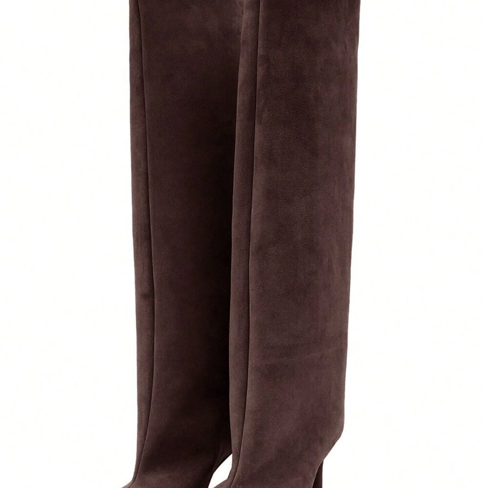 Dark Brown Party Women's Knee High Wide Calf Suede Square Toe Heeled Boots - Picture 2 of 7